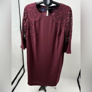 Women Talbots RSVP Dress 14W  Deep Cherry Crepe & Lace Bell Sleeve